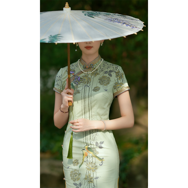 手工旗袍55206 金吴针旗袍全开襟棉双层气质优雅日常修身夏季长款