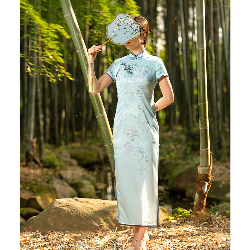 手工旗袍55338 金吴针旗袍裙印花气质优雅双层显瘦日常夏季长款