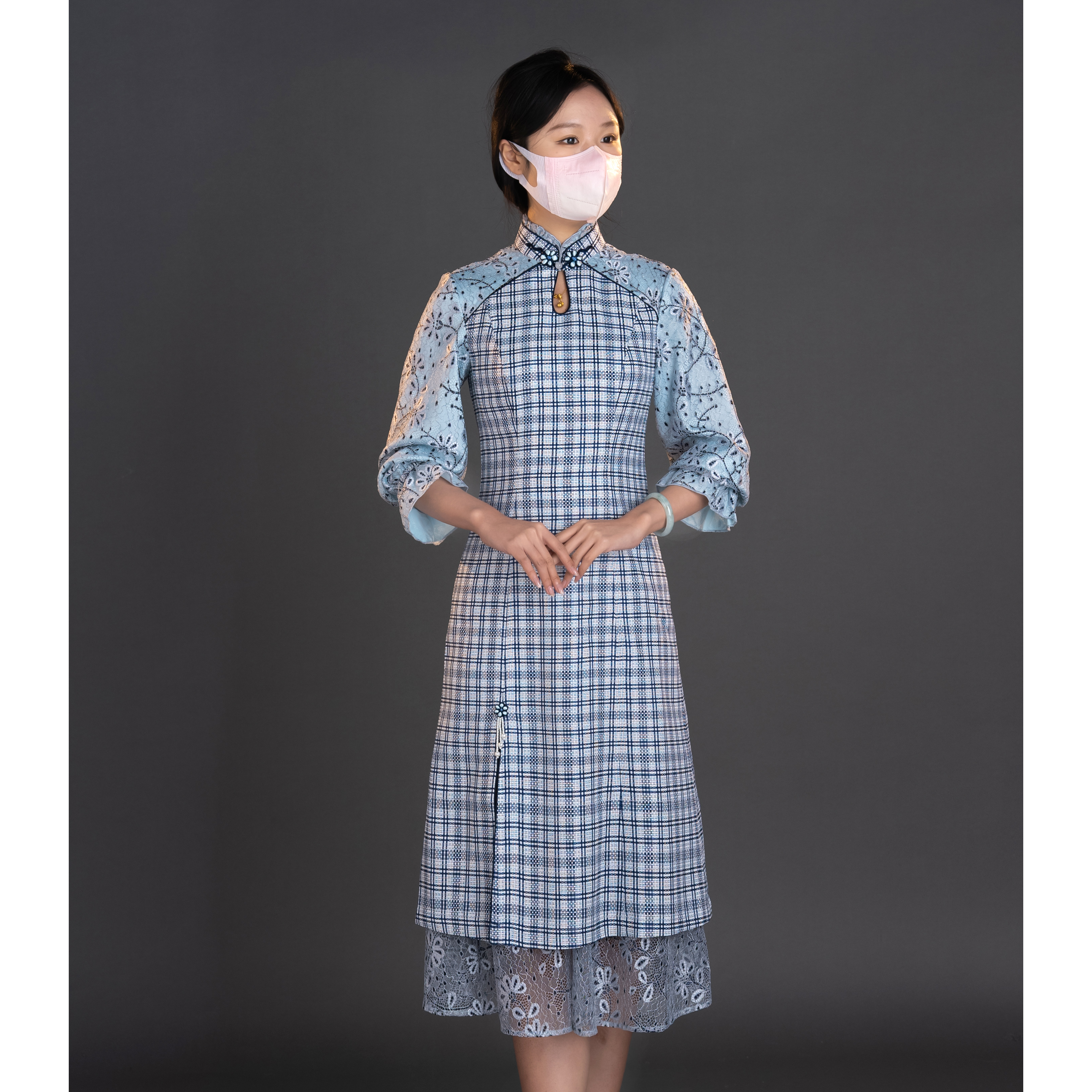 手工旗袍55752金吴针格子旗袍改良A字裙气质优雅显瘦蕾丝长袖日常