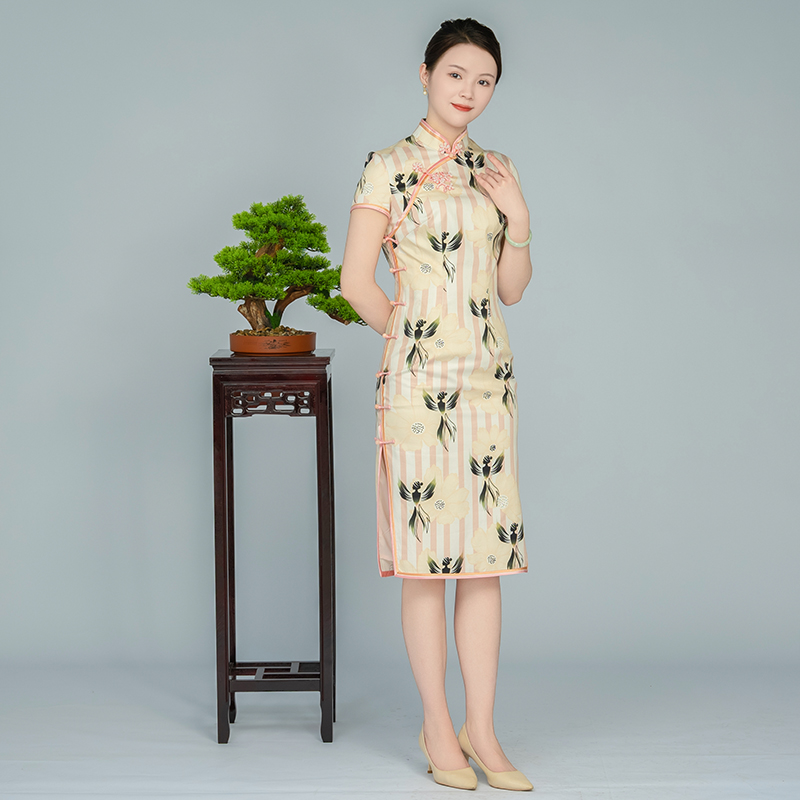 手工旗袍55804 金吴针纯棉旗袍裙气质优雅修身显瘦日常夏季中长款