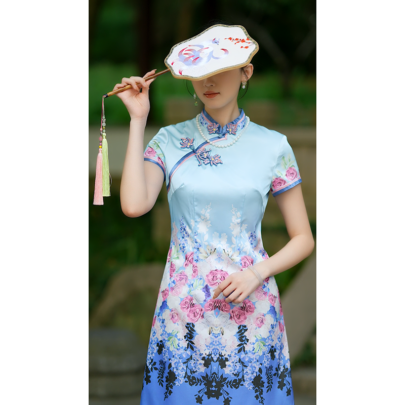 手工旗袍55309 新中式国风旗袍改良A版裙气质优雅日常夏季中长款