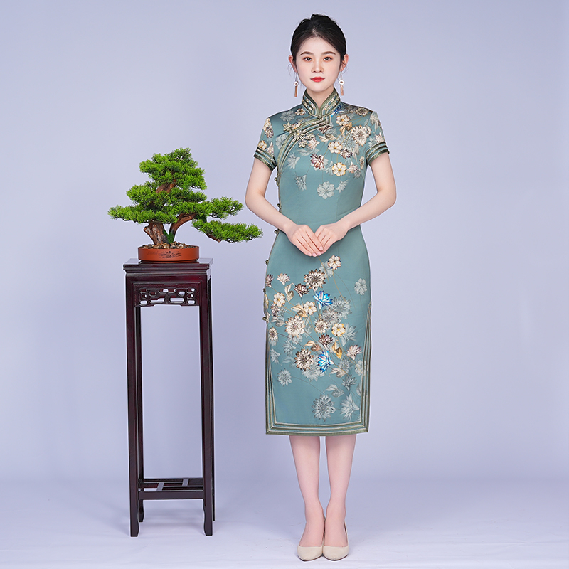 金吴针 53104 全开襟中国风旗袍裙印花气质优雅修身显瘦日常夏季