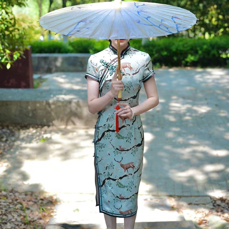 金吴针 53134 53133 【鹿鸣】夏季单层醋酸旗袍优雅手工花扣旗袍裙