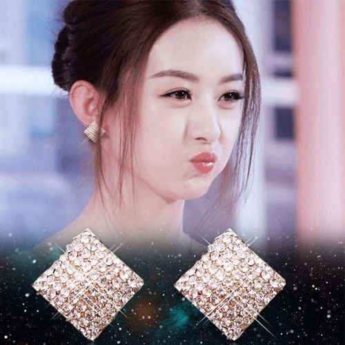 合金仿水晶耳饰 1-2对S925银针显脸瘦个性方形耳环甜美小众耳钉