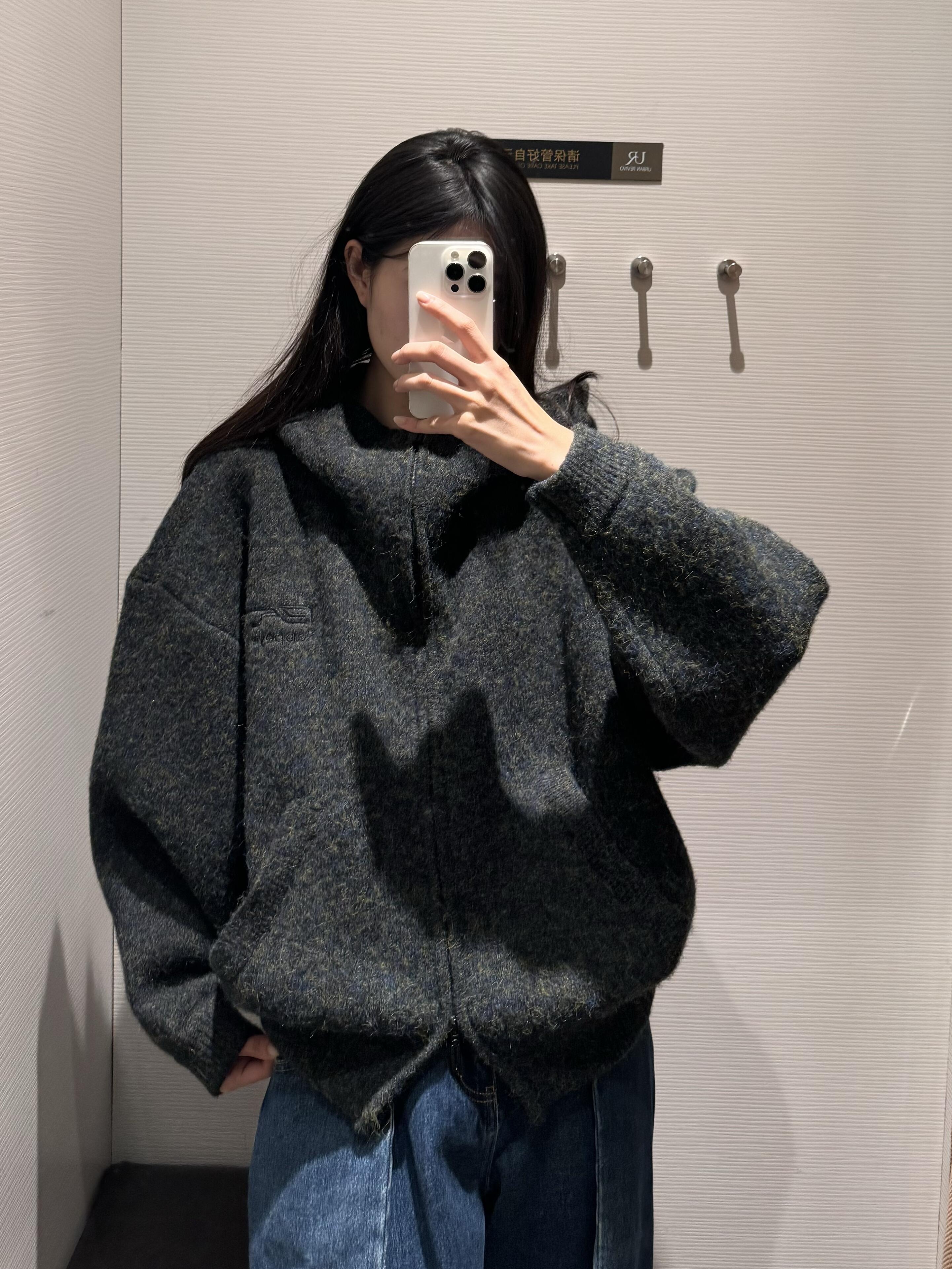 慵懒高级感双拉链连帽毛衣女韩系超好看气质针织开衫百搭牛仔裤