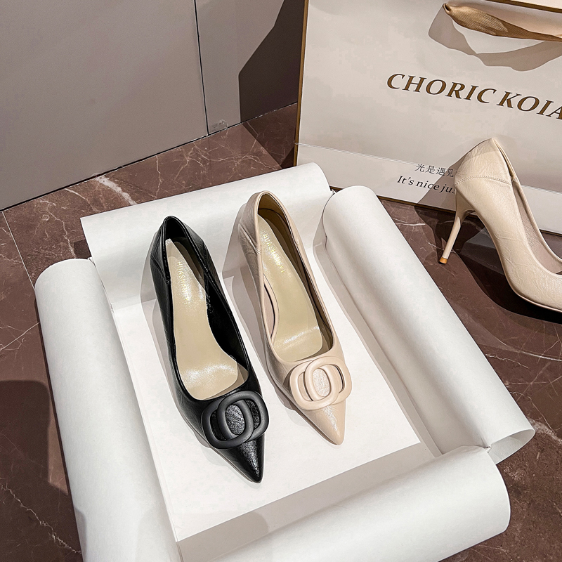 软皮黑色尖头高跟鞋2023秋季新款细跟职业百搭浅口中低跟女单鞋