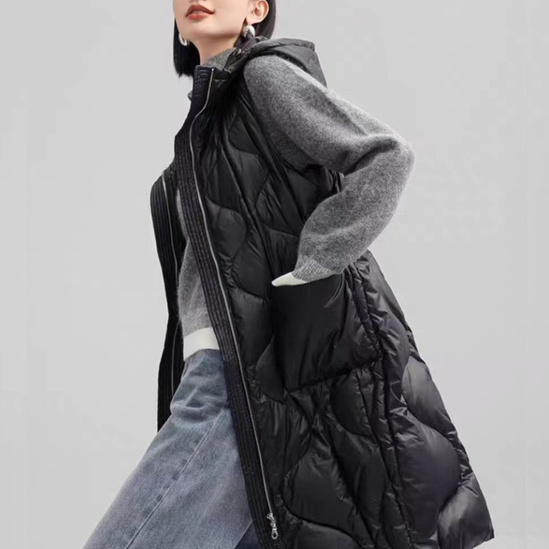 时尚百搭休闲女士连帽宽松加厚保暖中长款马甲秋冬韩版Y2365