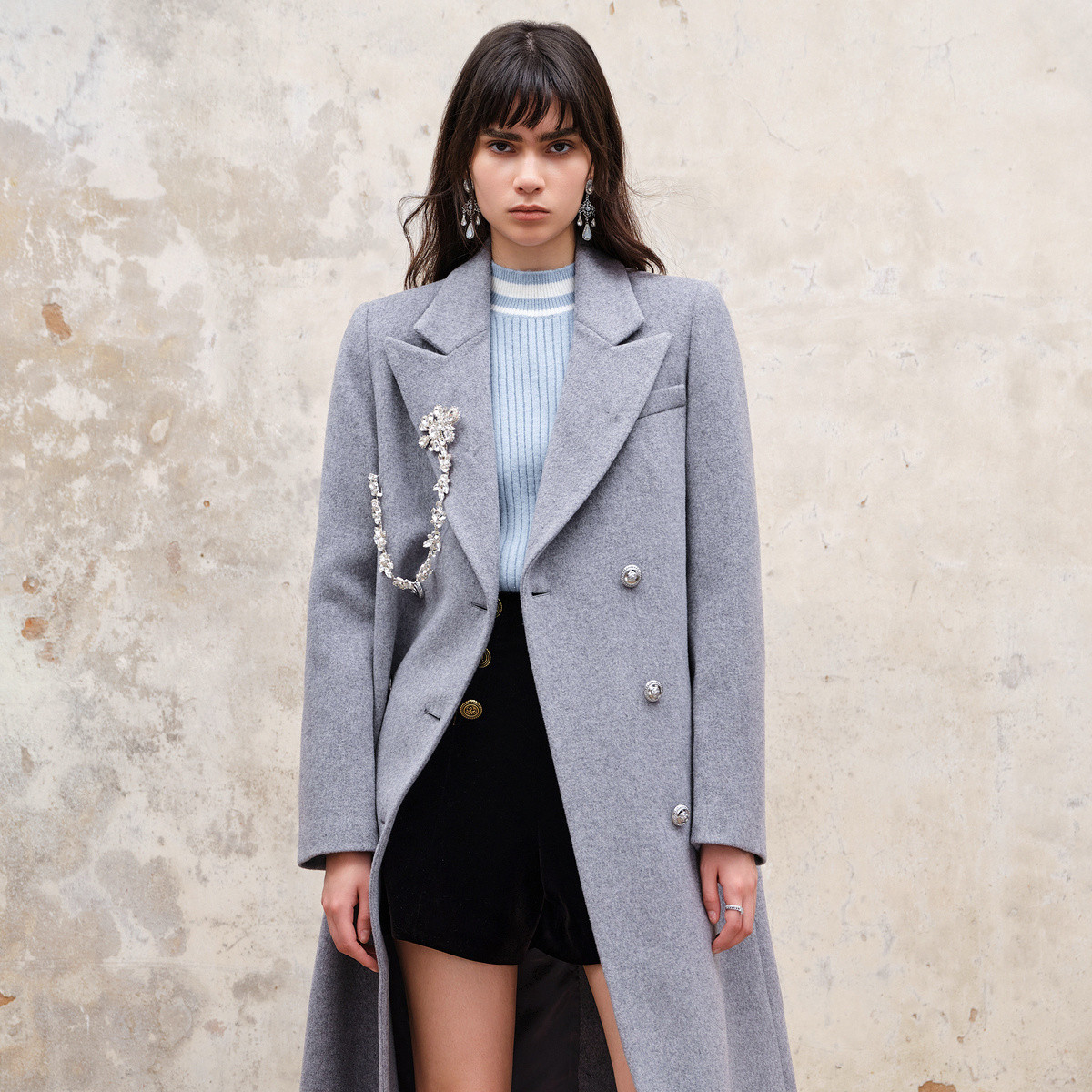 MAXRIENY玛克西妮冬季极简垂坠感直身羊毛大衣长款外套女毛呢西装