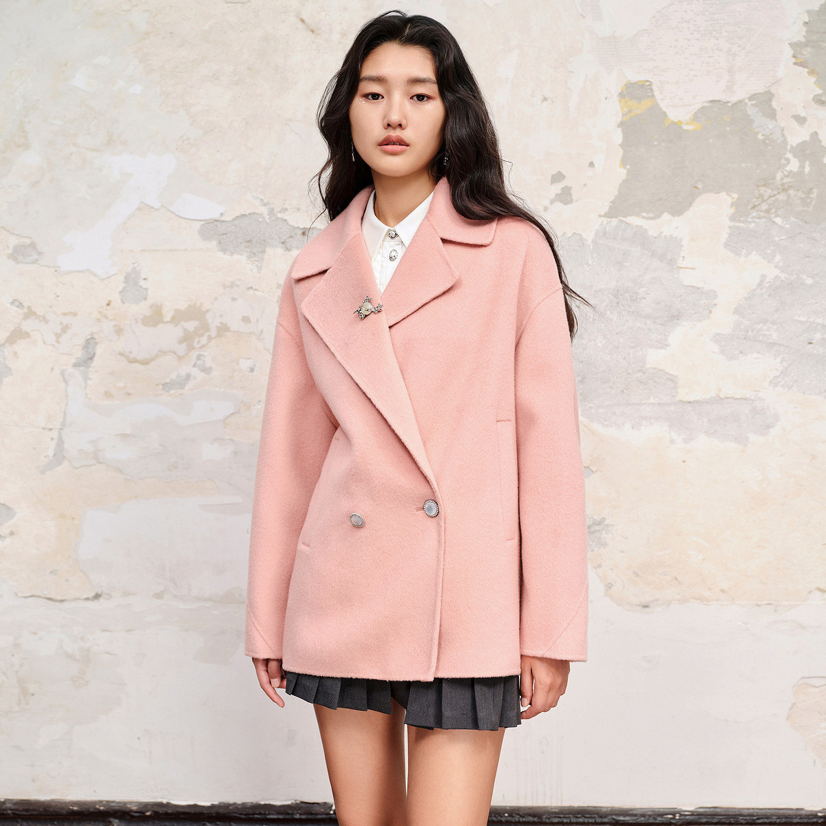 MAXRIENY玛克西妮冬季极简廓形双面呢外套大翻领羊毛大衣女