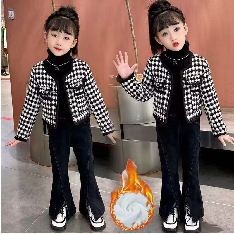 女童小香风套装2024新款加绒喇叭裤加棉网红外套秋冬两件套