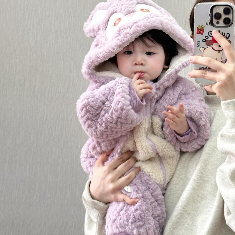 婴儿可爱小兔毛毛加厚连帽连体衣冬装韩版加绒保暖连帽爬服外出服