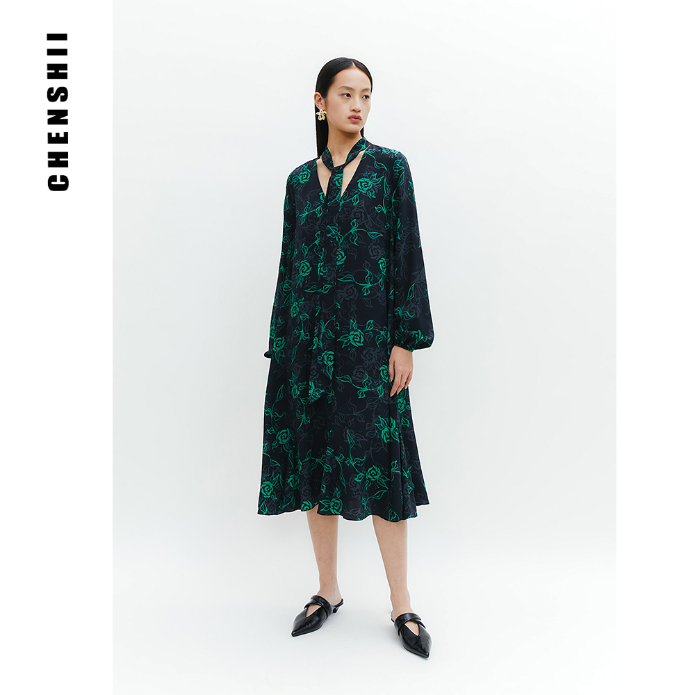 【CHENSHII  辰时】 复古真丝宽松长款系带气质V领连衣裙CS1H03Y439