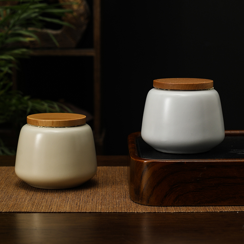 米黄汝窑小号茶叶罐家用仿古手工陶瓷储茶罐醒茶罐存茶罐茶具配件