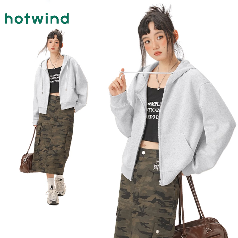 热风春秋季短款卫衣外套女高级感花灰色上衣小个子韩系穿搭连帽衫