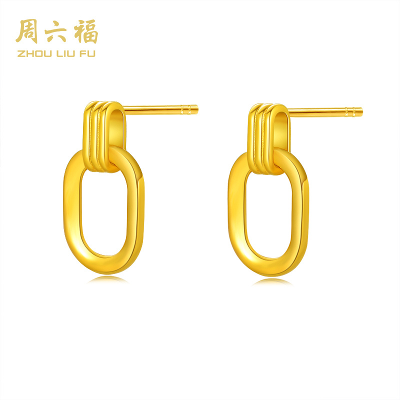 【周六福】几何方环足金黄金金耳环/计价工费简约经典女款@Y8011-主