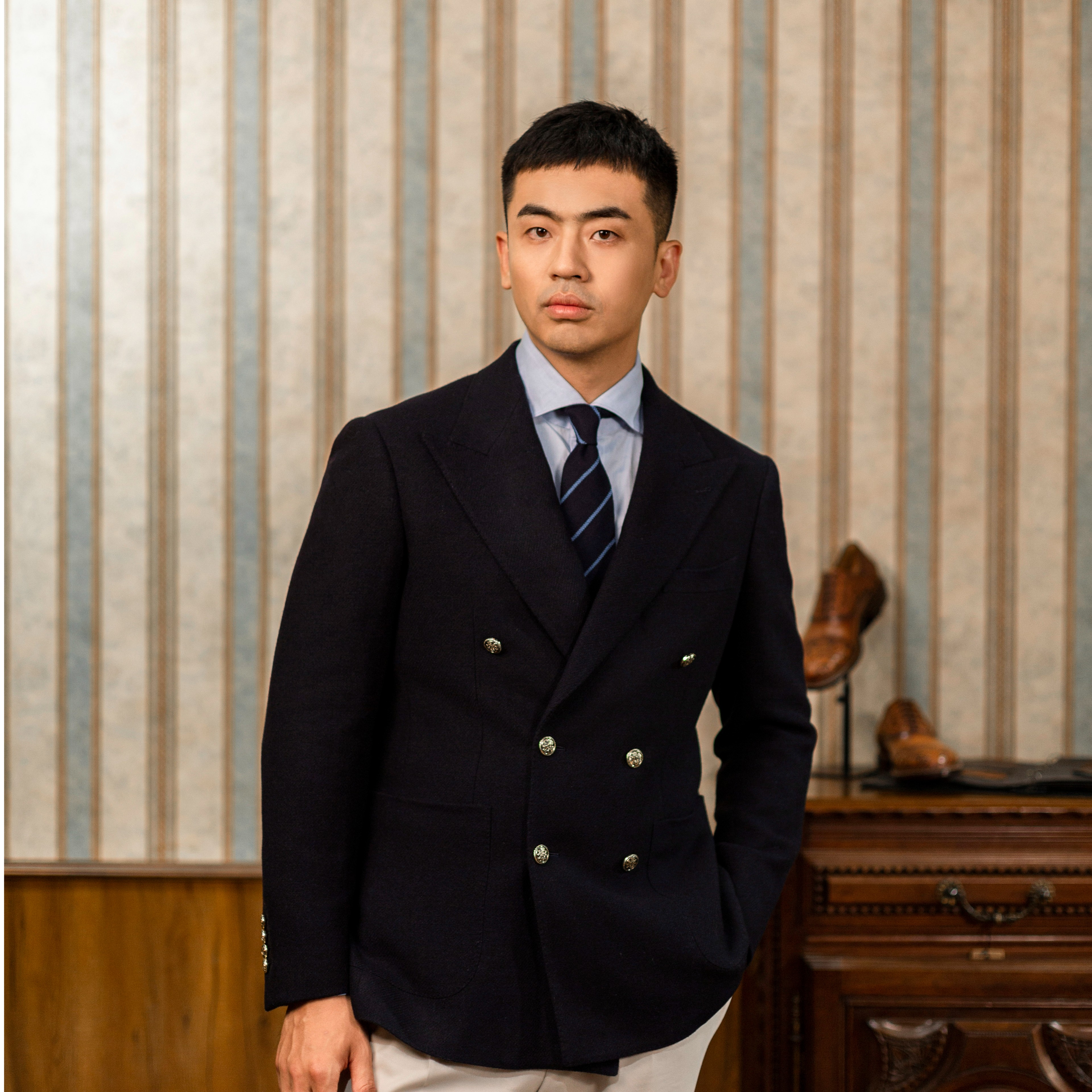 【衫无二】大克重藏青布雷泽纯羊毛秋冬男士商务经典单西