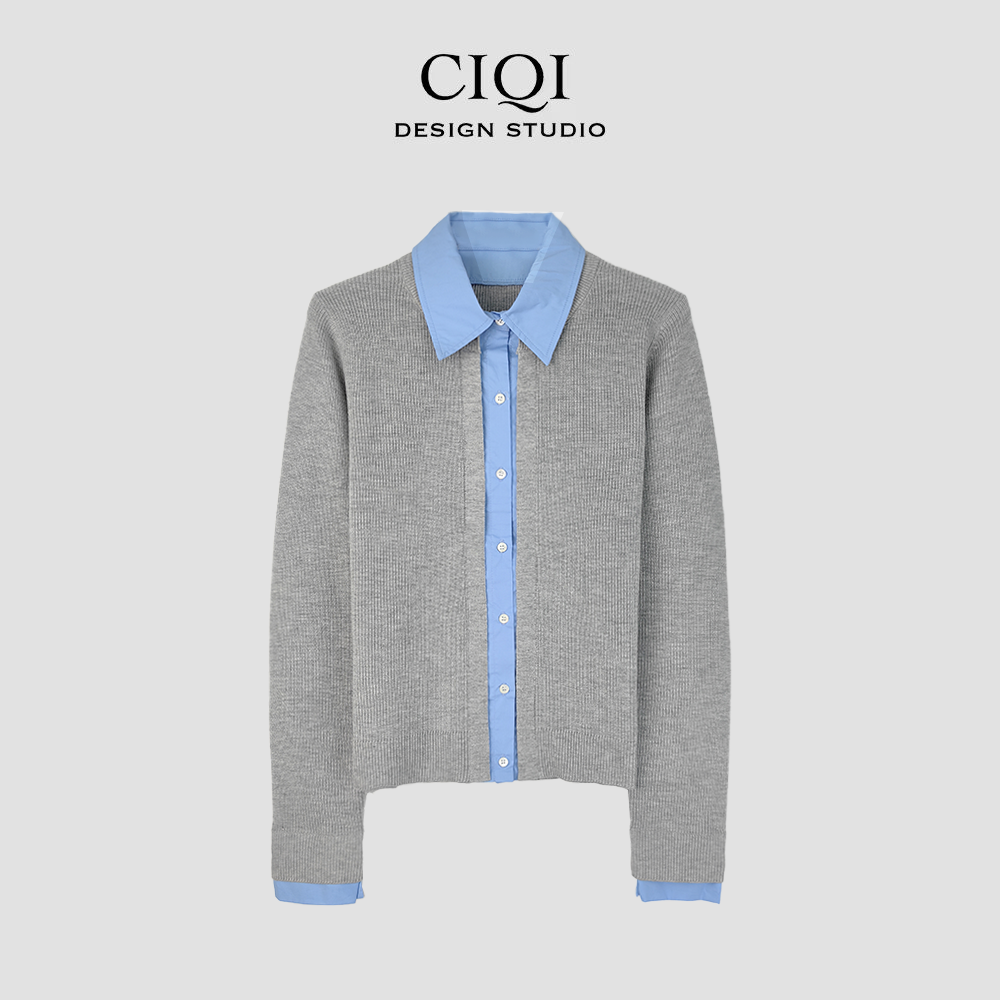 CIQI STUDIO 极简风POLO领假两件撞色针织开衫秋季新款DY986