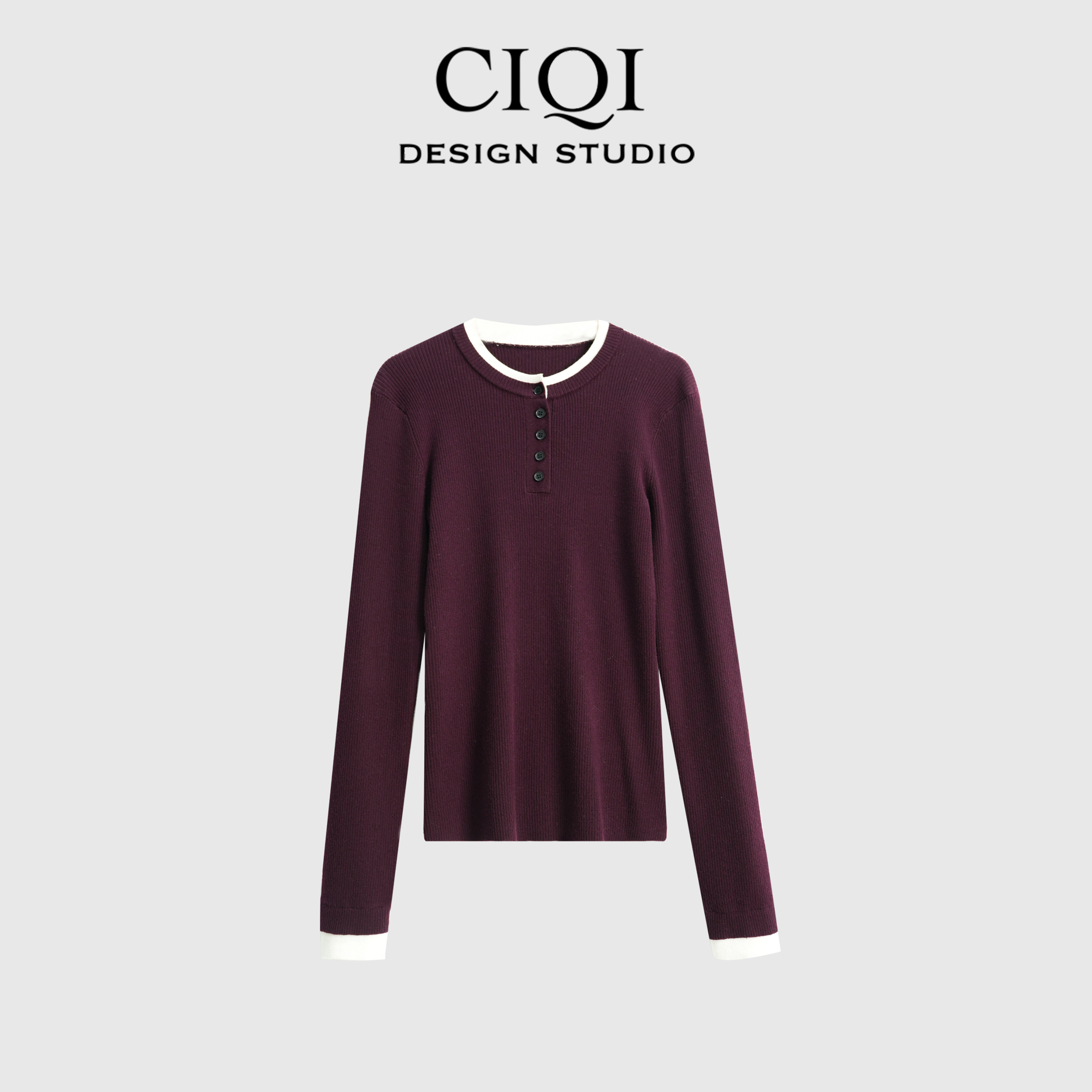 CIQI STUDIO 秋冬高级感气质百搭圆领拼接假两件纽扣针织衫DY1004