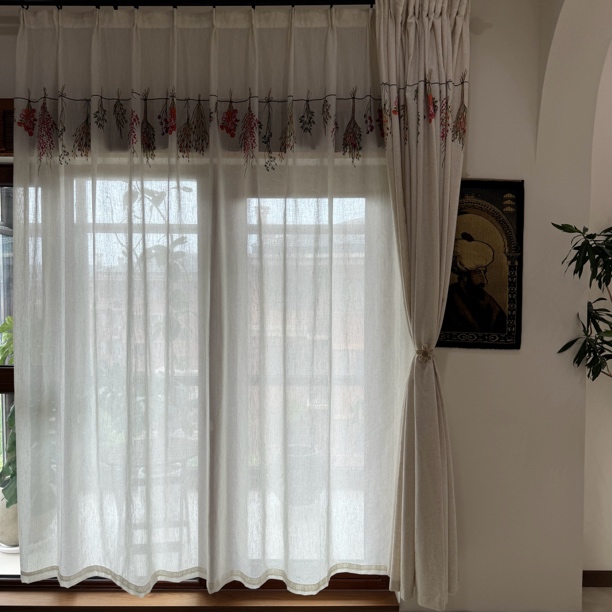 预售！！《南法花束》亚麻印花纱纱帘（宽300高260） 送四抓钩