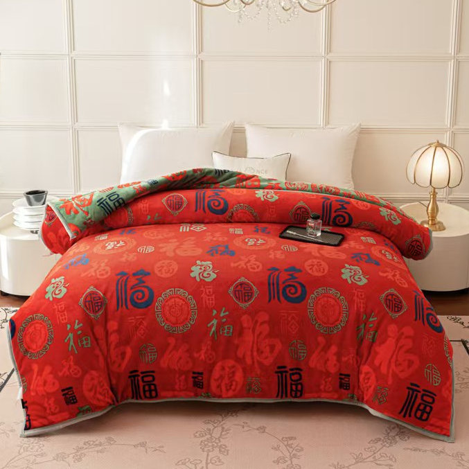 大红百福被200x230冬季石墨烯被子被芯机洗加绒加厚保暖牛奶绒被
