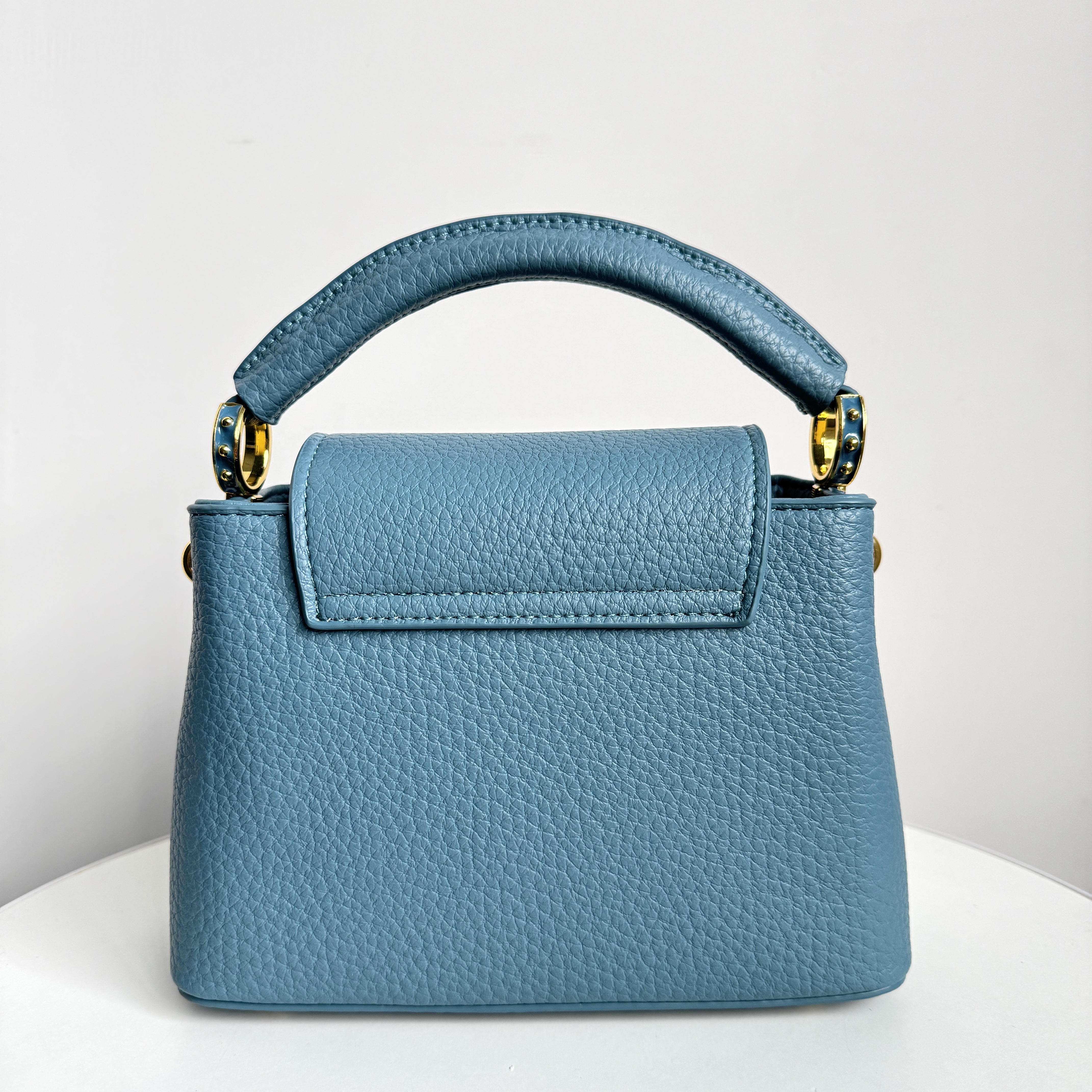 经典小众设计蓝色荔枝纹手提柄包