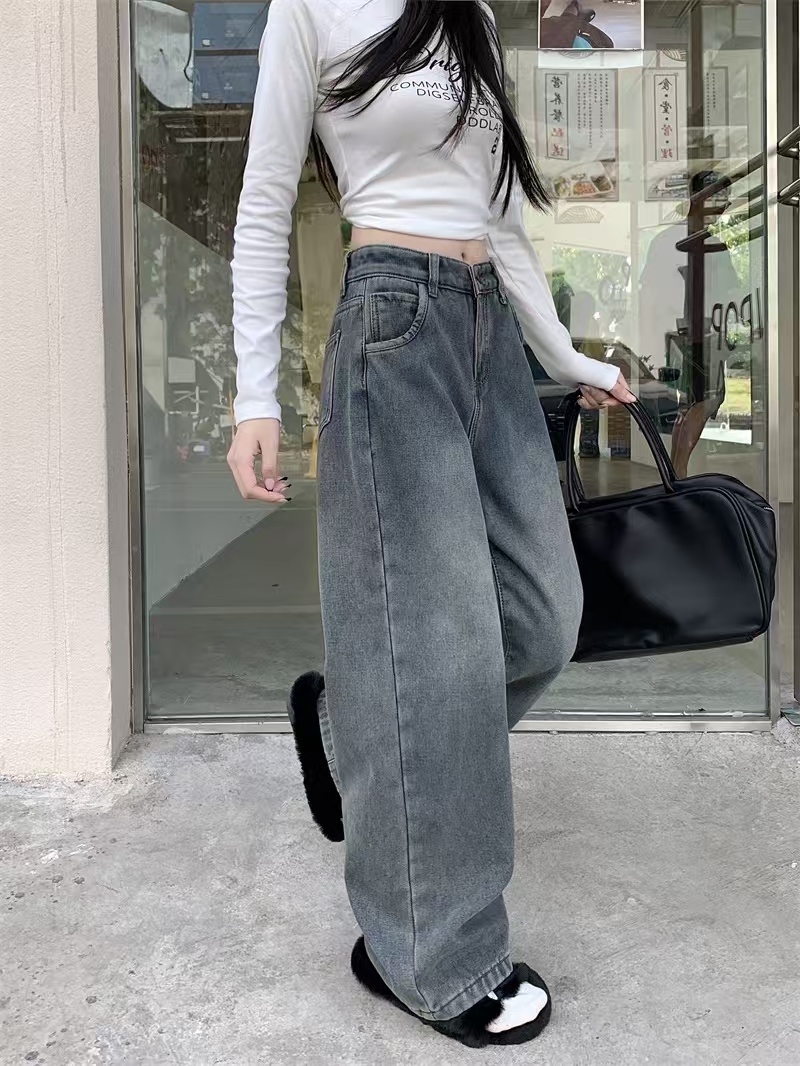 女秋冬季加绒加厚高腰牛仔裤裤子阔腿裤休闲风做旧