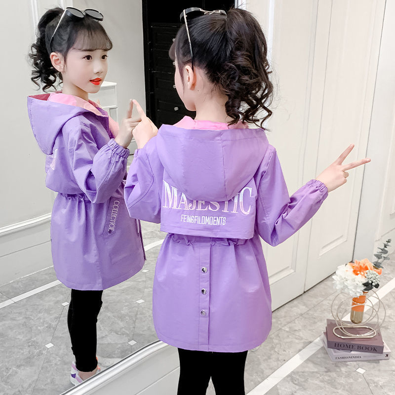 女童外套2023新款中大童连帽风衣外套中长款洋气女孩舒适上衣
