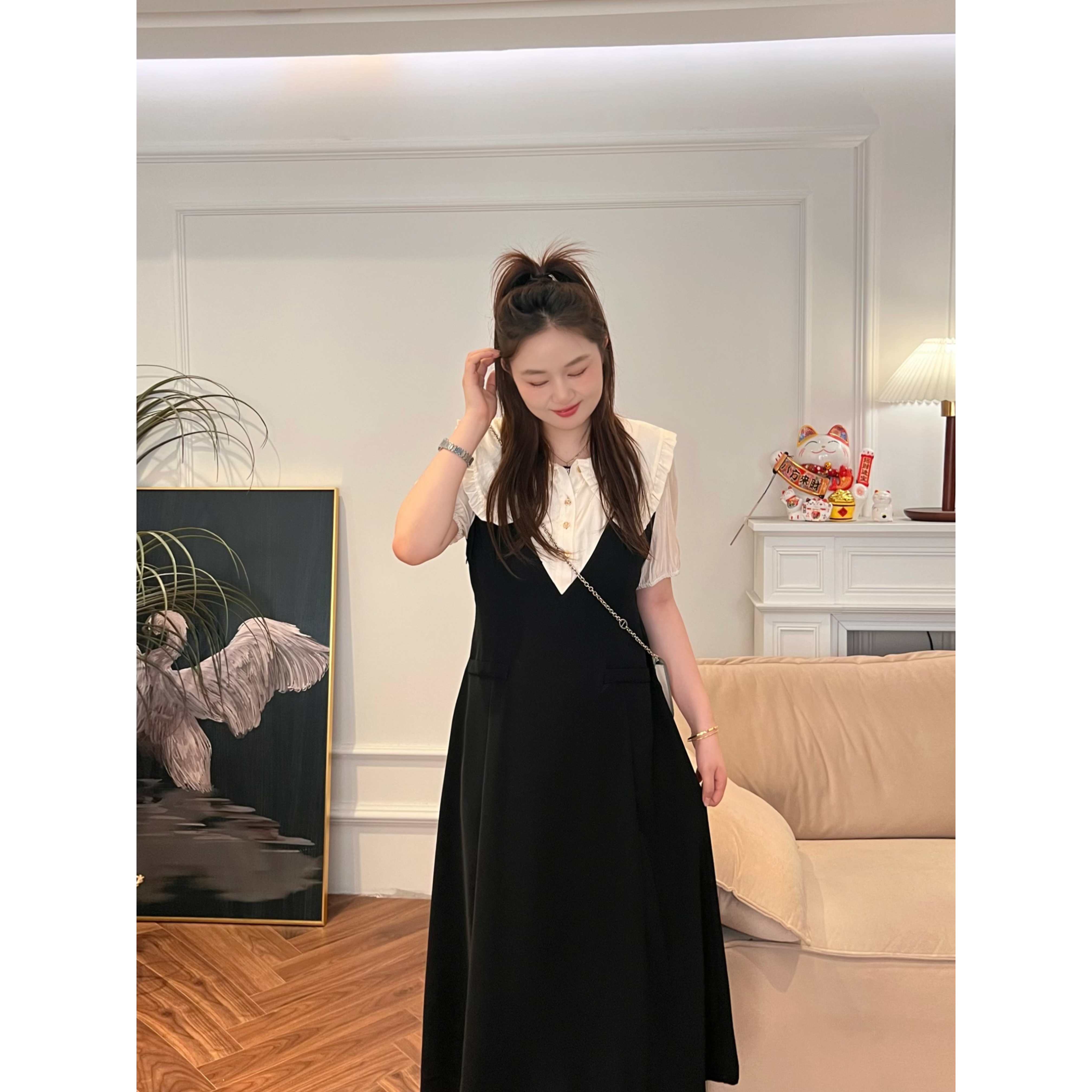 楠序源子【安妮罗曼】微胖女装 2025夏季假两件高端连衣裙女YZ31589