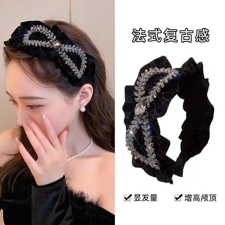 麦穗丝绒水钻蝴蝶结发箍女2023年新款宽边高颅顶压发头箍洗脸发卡