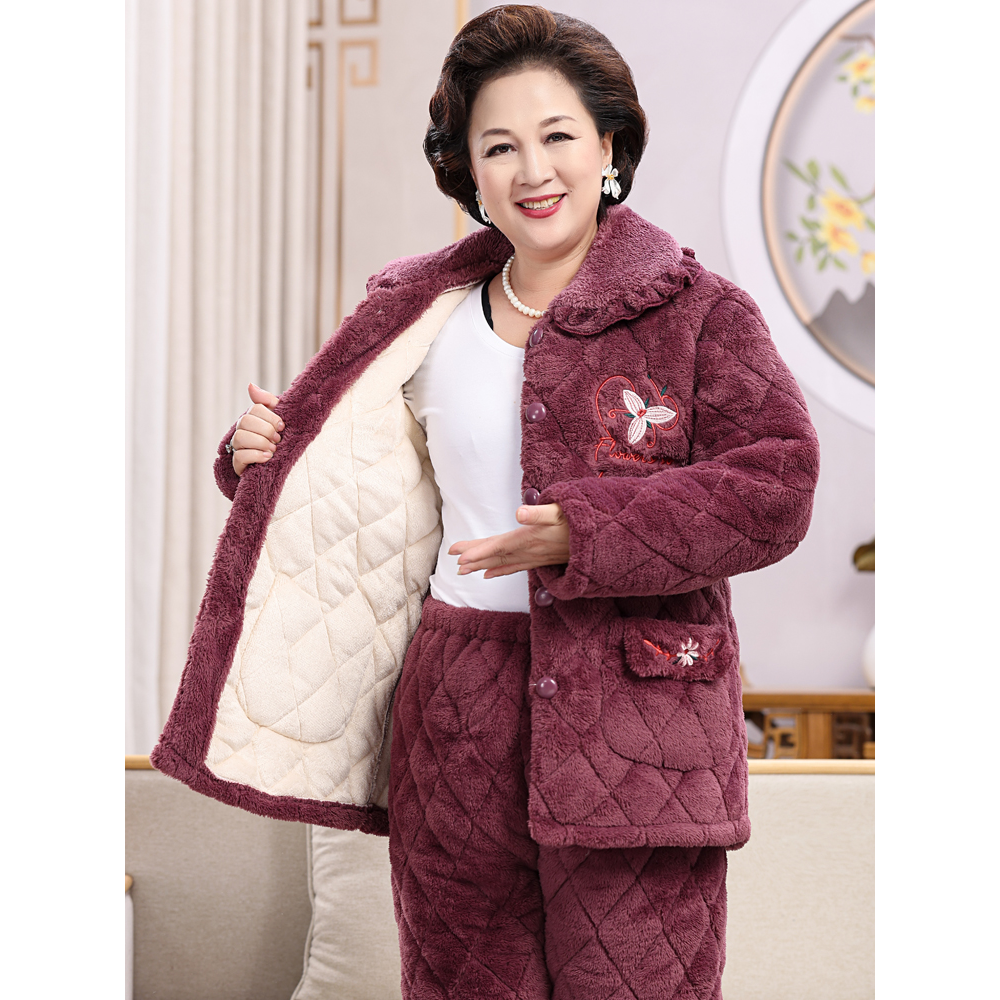 秋冬季睡衣女士珊瑚绒三层夹棉加厚中老年加绒保暖家居服妈妈冬款