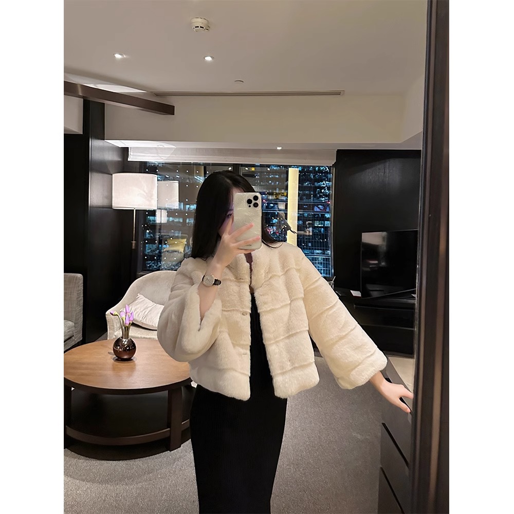 2025新款冬季精致贵气姐姐七分袖环保水貂毛小立领短款毛毛外套