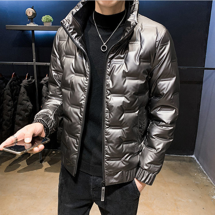 冬季白鸭绒羽绒服男士韩版免洗立领轻薄亮面外套压花大码短款代发