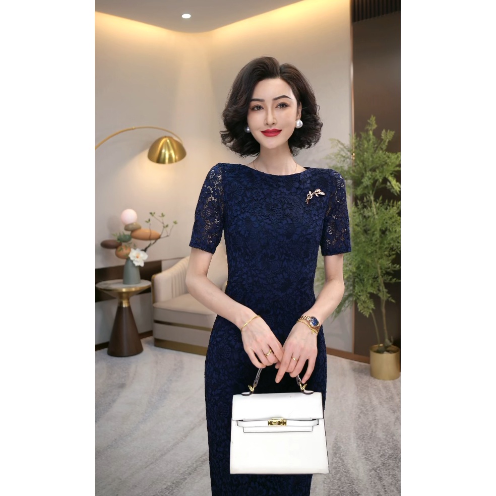 2025优雅轻奢刺绣蕾丝女装连衣裙圆领修身短袖裙子高级气质WF3208