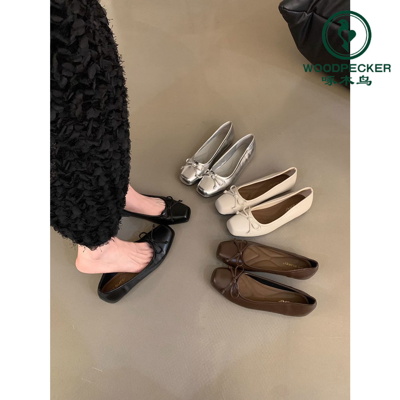 啄木鸟晚风温柔蝴蝶结瓢鞋平底奶奶鞋春夏法式复古软底单鞋女鞋