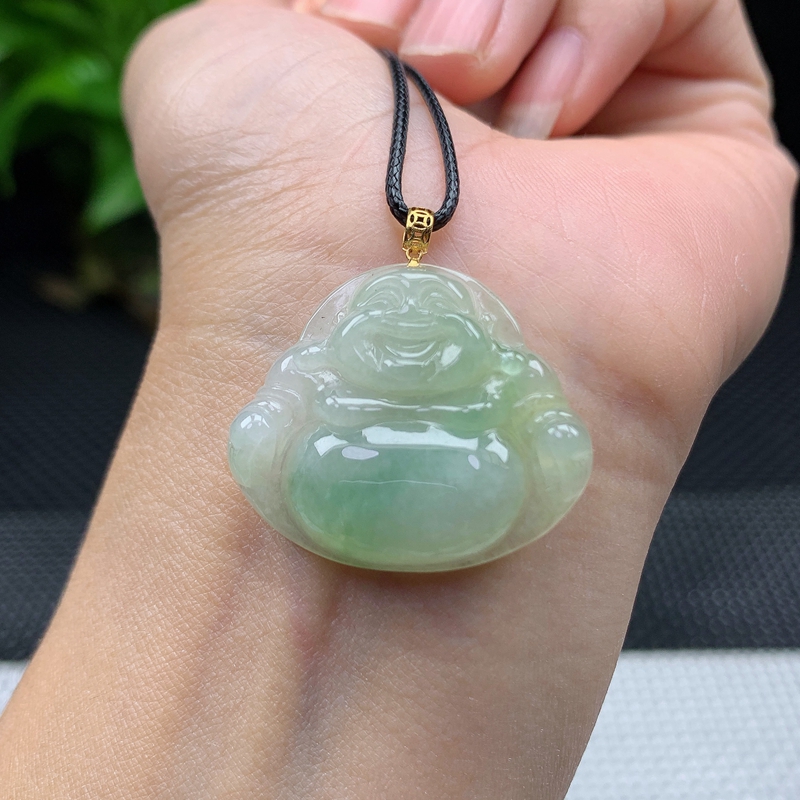 天然缅甸翡翠a货18k金佛公吊坠女款玉佛玉坠浅绿笑佛优选6.28g