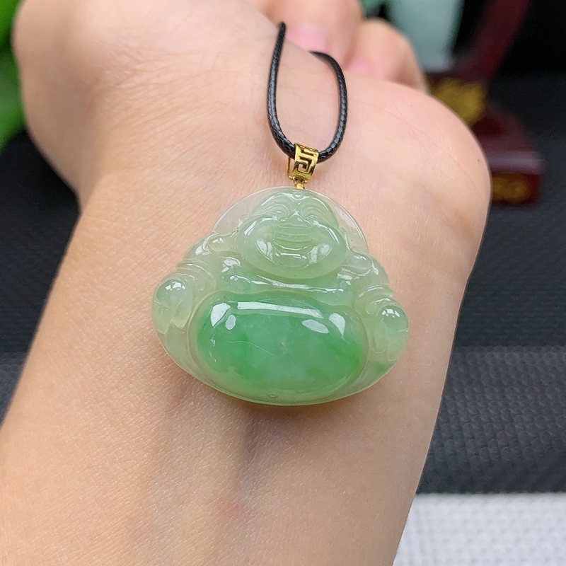 冰飘绿18k金扣头玉佛公吊坠玉石笑佛 挂件6.68天然翡翠缅甸A货