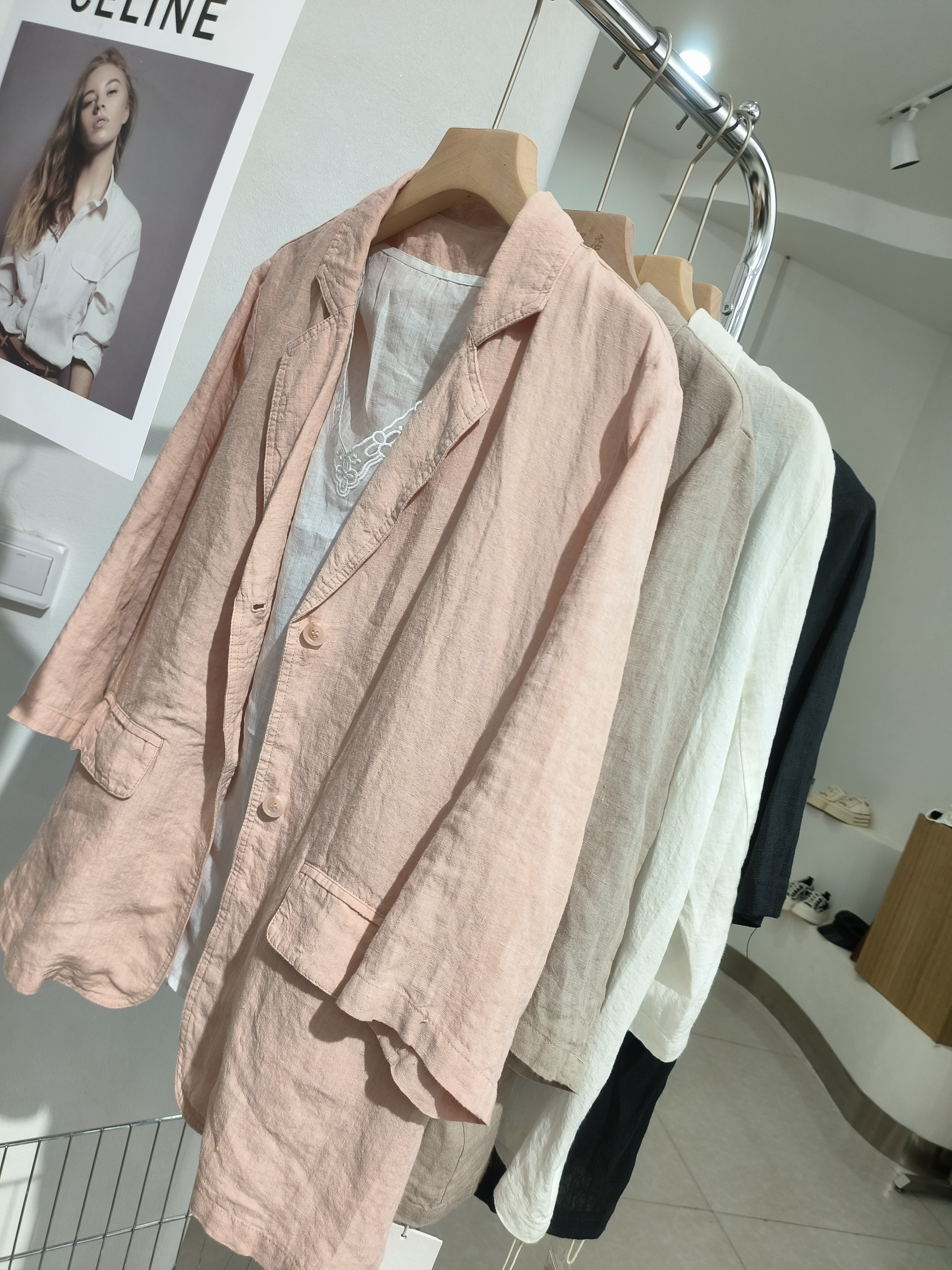 韩国进口2023夏季新款女装翻领两扣时尚百搭休闲亚麻中袖西服外套