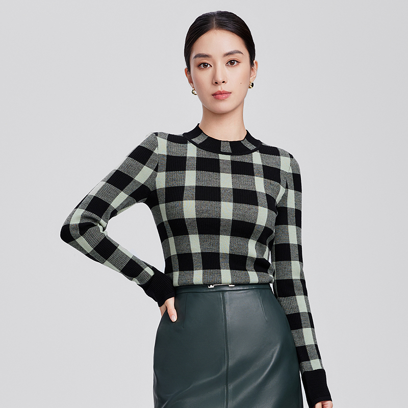 赢智尚针织衫春新款牛油果绿撞色格子小H型修身针织衫ZZ00431