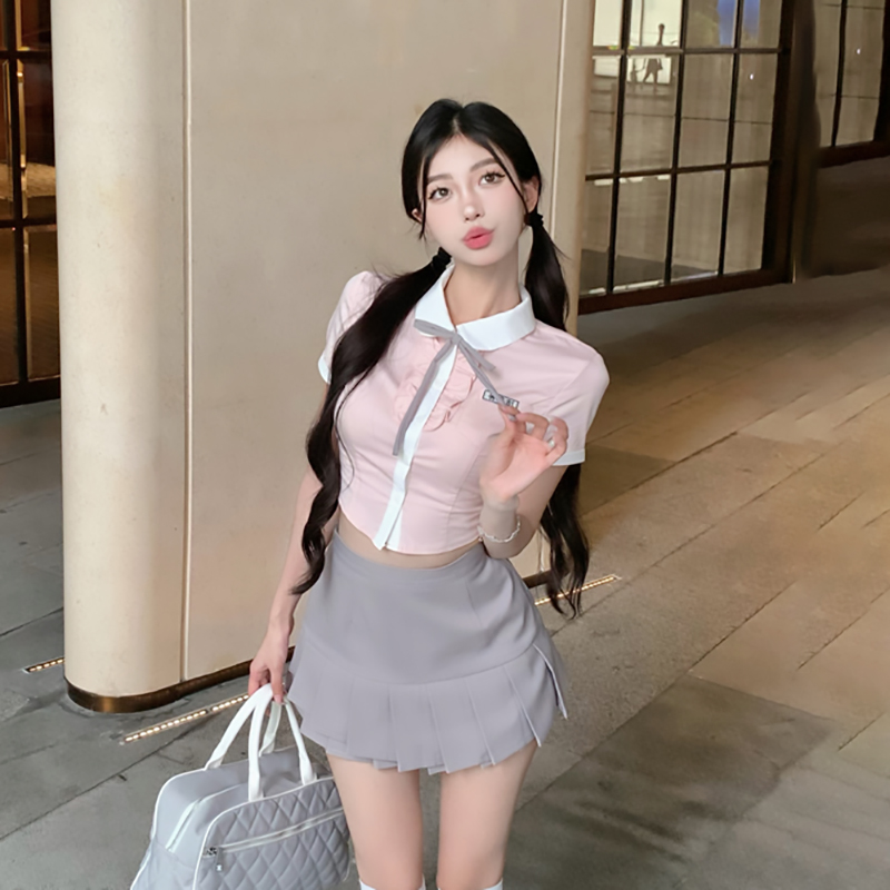 纯欲学院风收腰粉色衬衫夏季气质显瘦衬衣辣妹少女减龄韩系jk制服