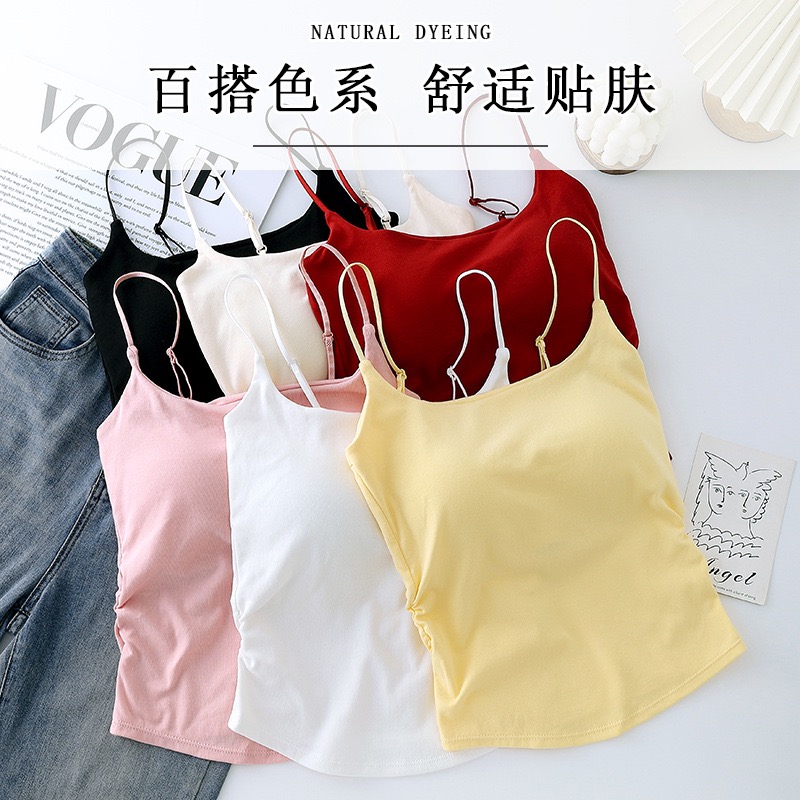 新款甜美风褶皱小吊带背心女外穿内搭夏季修身带胸垫美背短款上衣