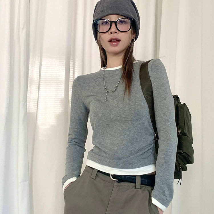 拼接假两件长袖上衣圆领修身打底衫女2024新款秋冬T恤韩版女装潮