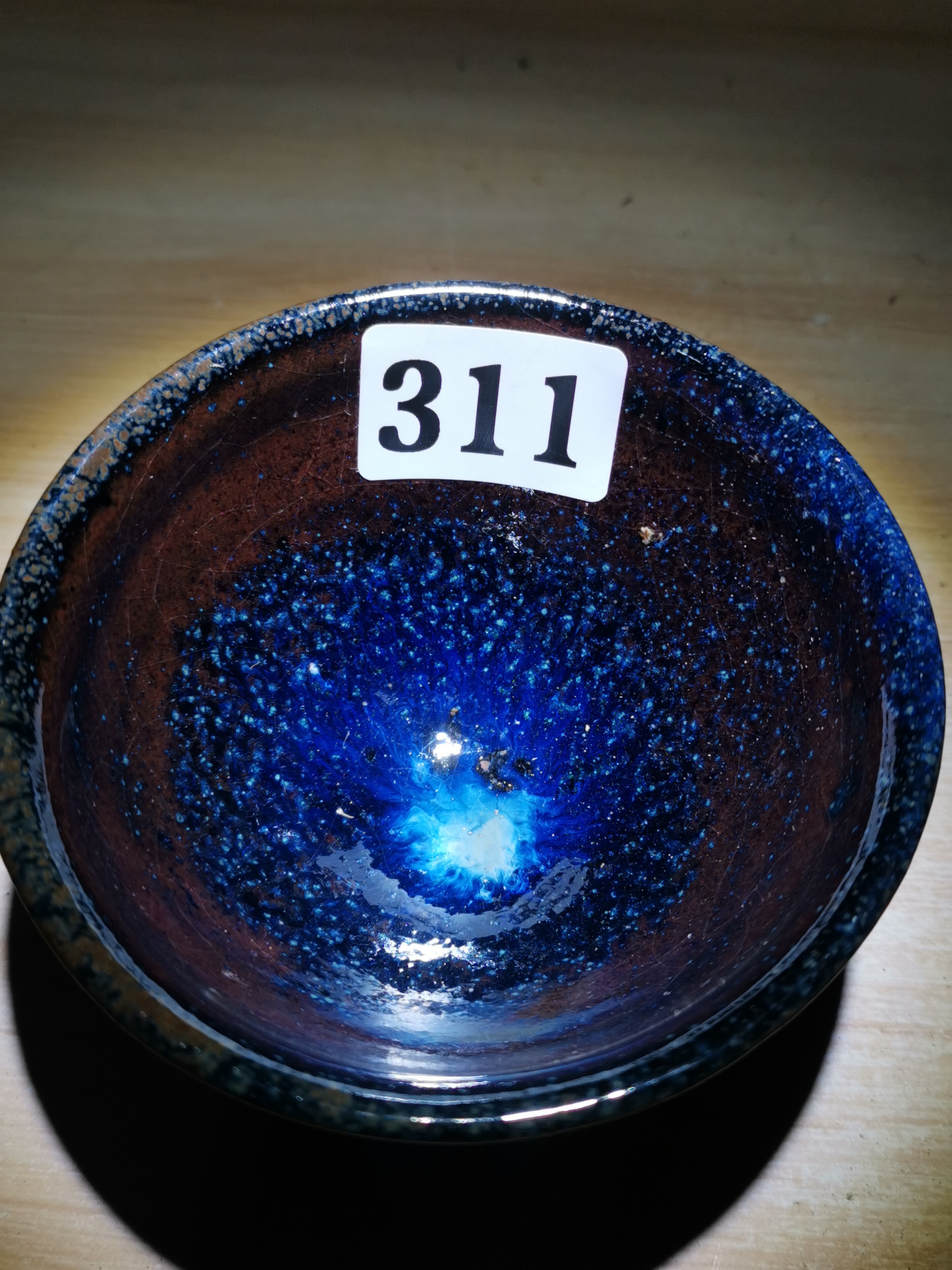 通天窑柴烧特殊工艺火焰烧粉玉子带钙化蓝自然灰釉冰裂盏9.2/5