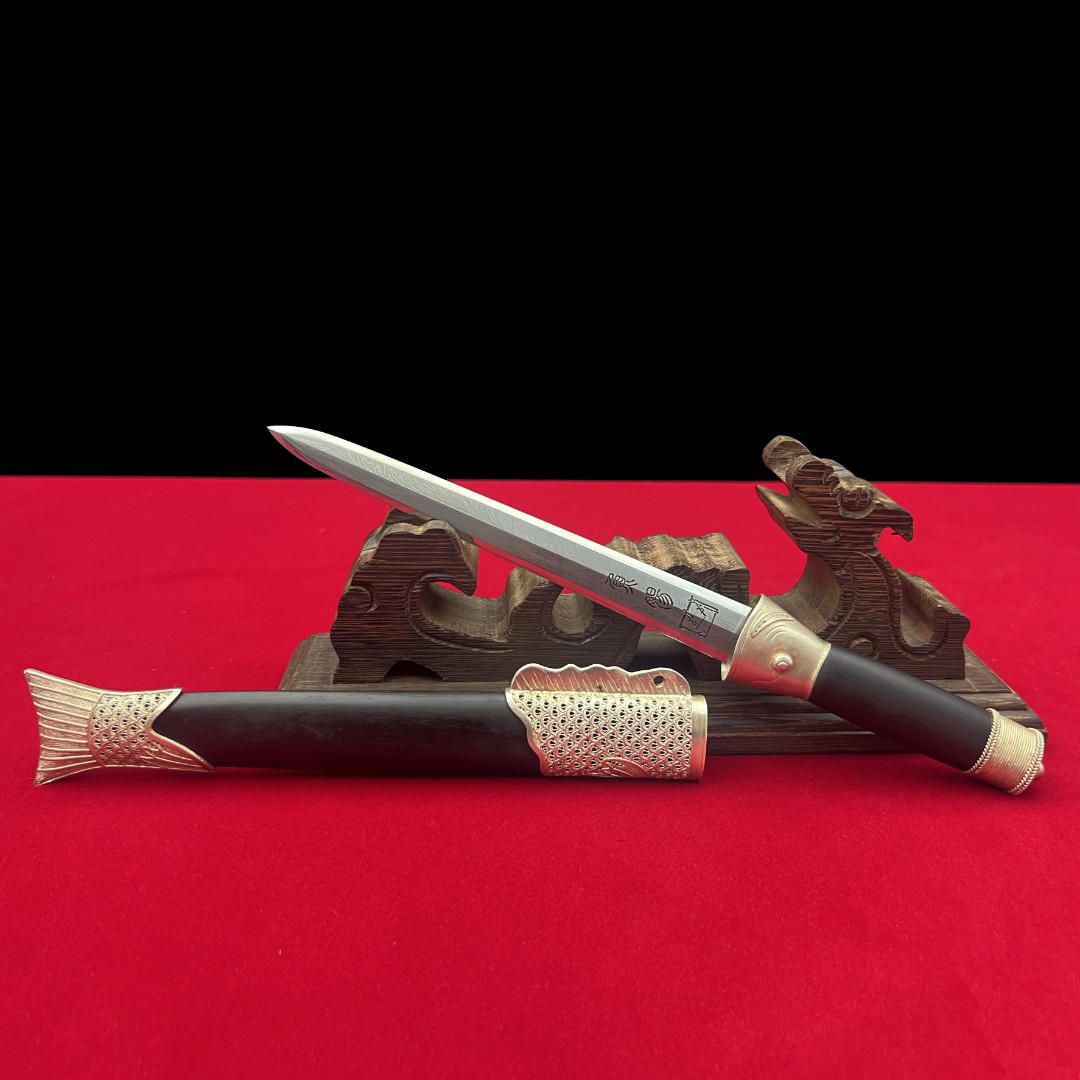 龙泉沈广隆-掌门作品鱼肠剑 黑檀木 银花丝 凤尾纹 花纹钢 未开刃