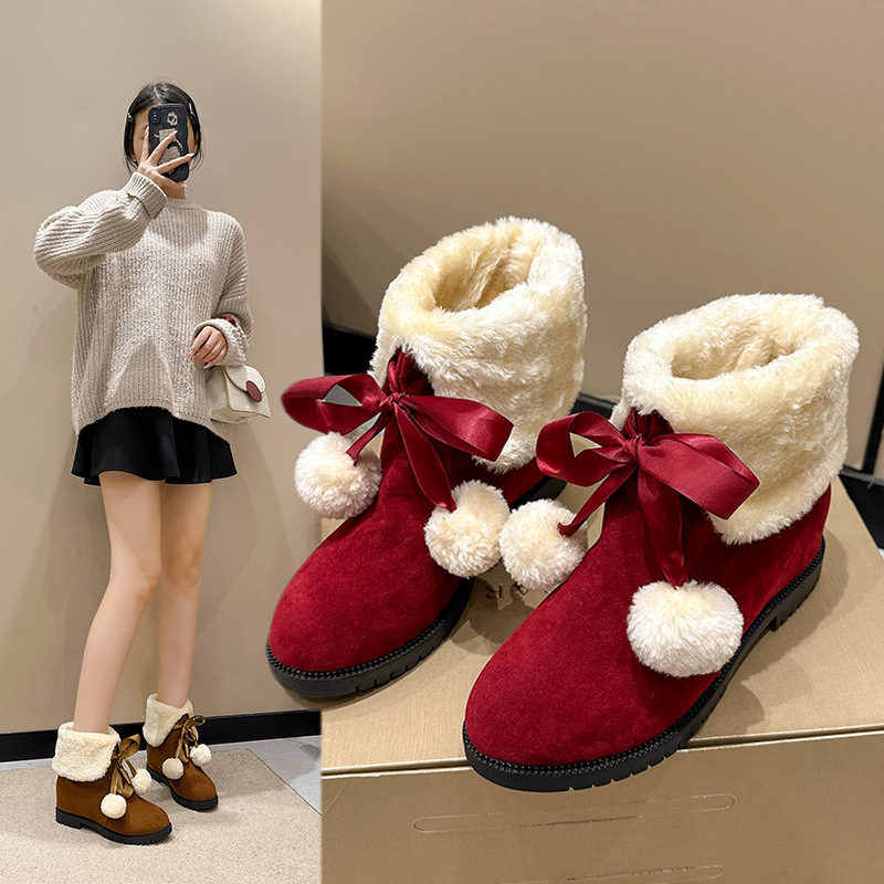 2023年新款冬季女鞋甜美蝴蝶结毛球短筒雪地靴女加绒舒适保暖棉鞋