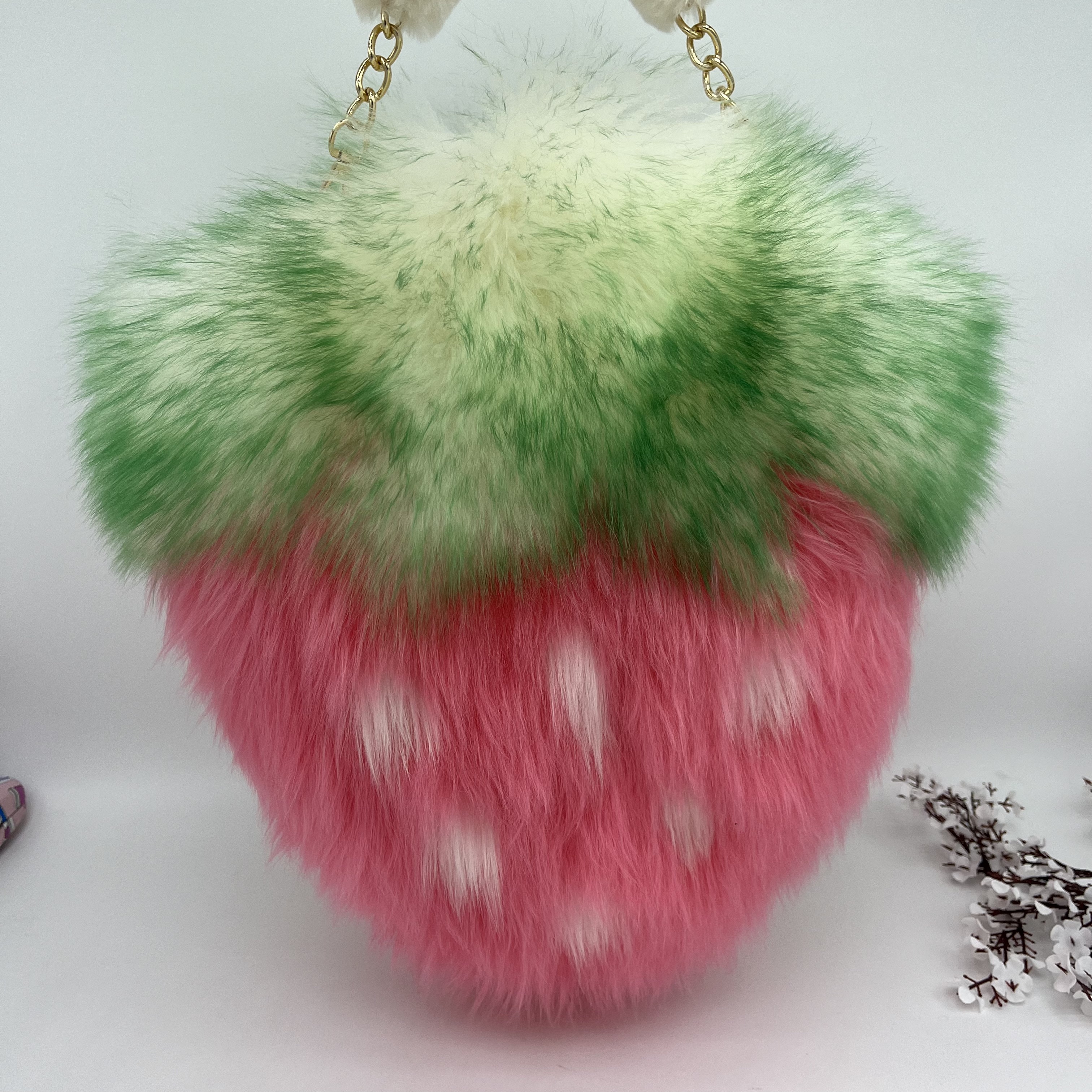 大草莓包-女士冬季轻奢真毛澳羊毛手提单肩斜挎包时尚绿色毛绒包