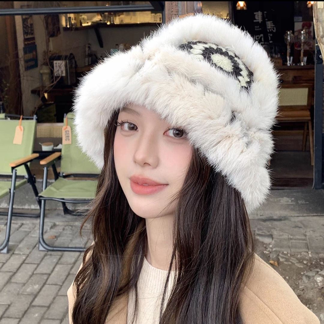 兔毛醒狮国潮毛绒帽子女秋冬可爱毛绒渔夫帽