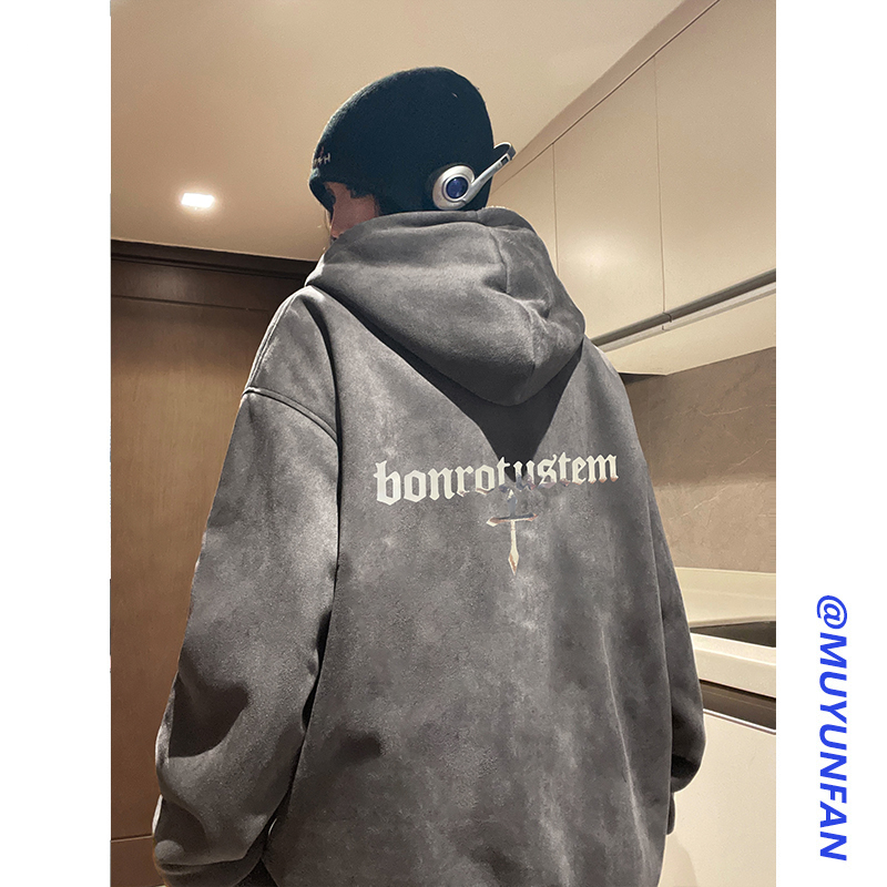 700g重磅加绒连帽开衫卫衣美式男女同款秋冬季新款麂皮绒宽松外套