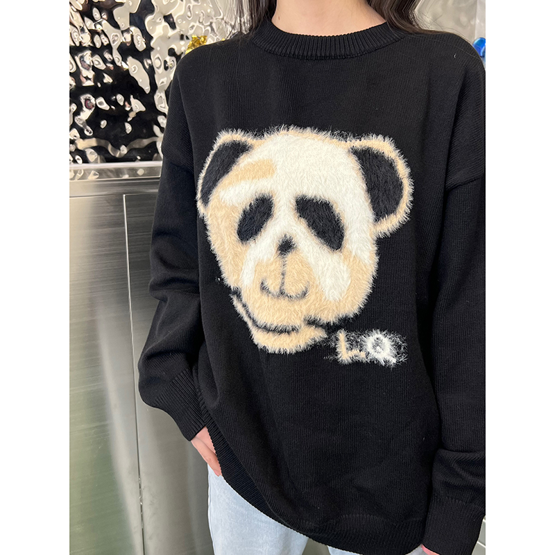 小黑黑Ann 秋冬加厚胸围提花刺绣熊猫圆领毛衣男女情侣针织衫卡通
