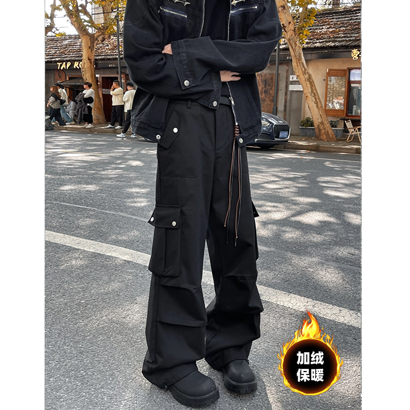 美式宽松直筒工装裤男裤过冬加绒冬季男士裤子男款阔腿男裤子潮牌