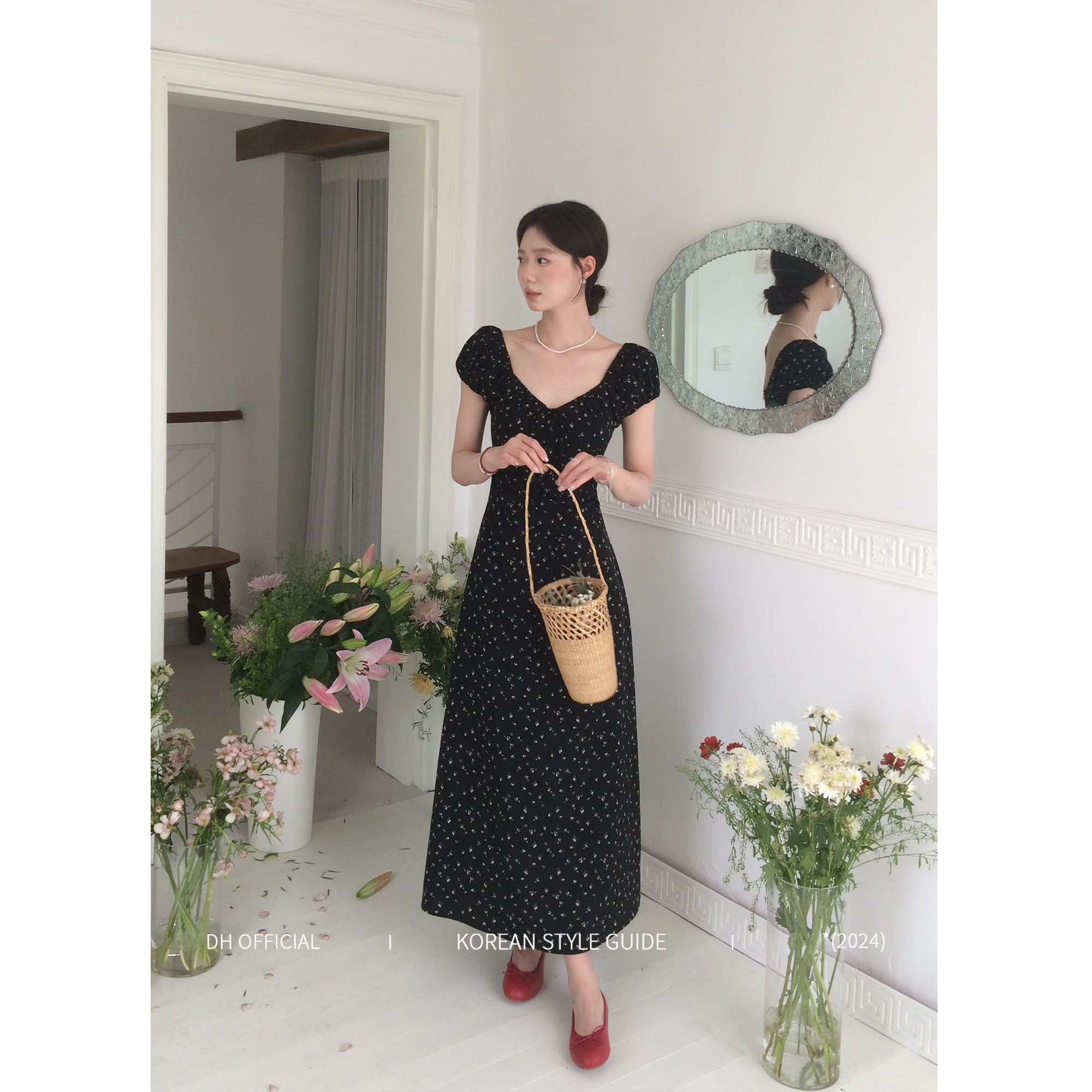 DH OFFICIAL 大花【西西里少女】慵懒女装纯欲黑色茶歇裙碎花连衣裙